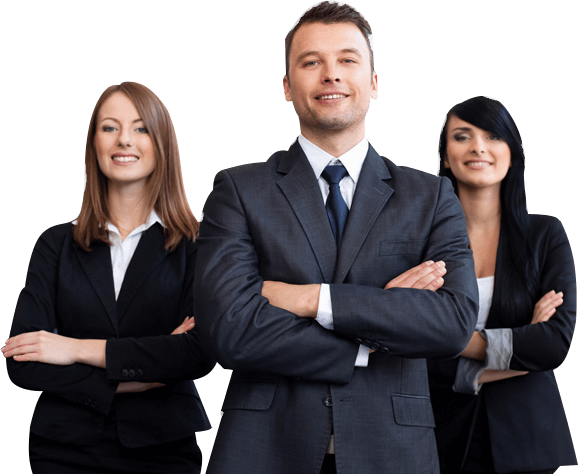 A man in a suit standing between two women.